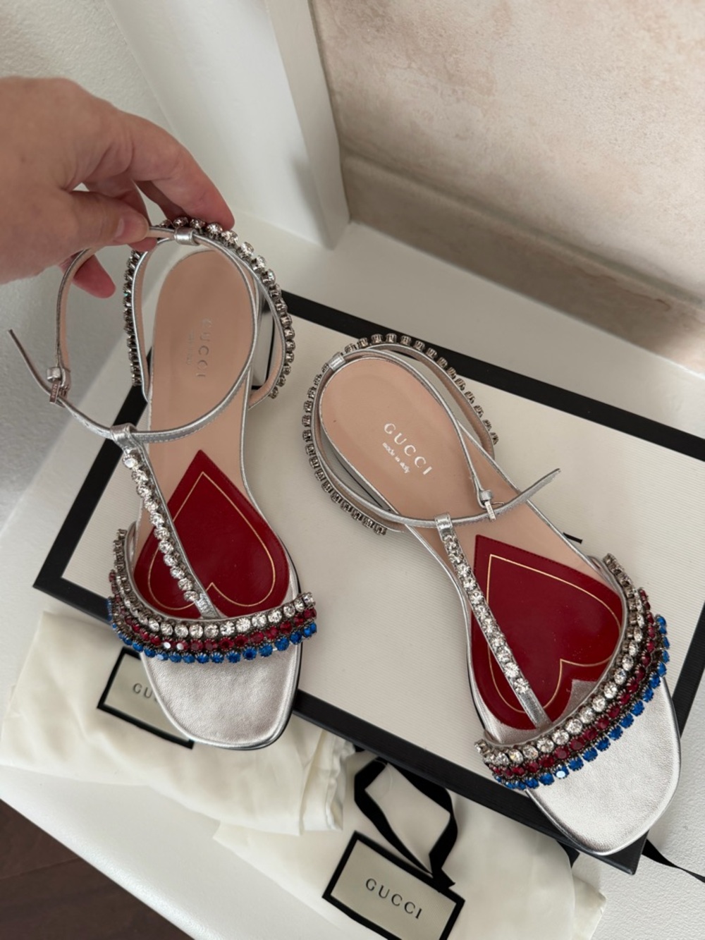 New Gucci Bertie Sandals with Red, Clear, and Blue Crystal Straps 37.5 - Picture 5 of 14